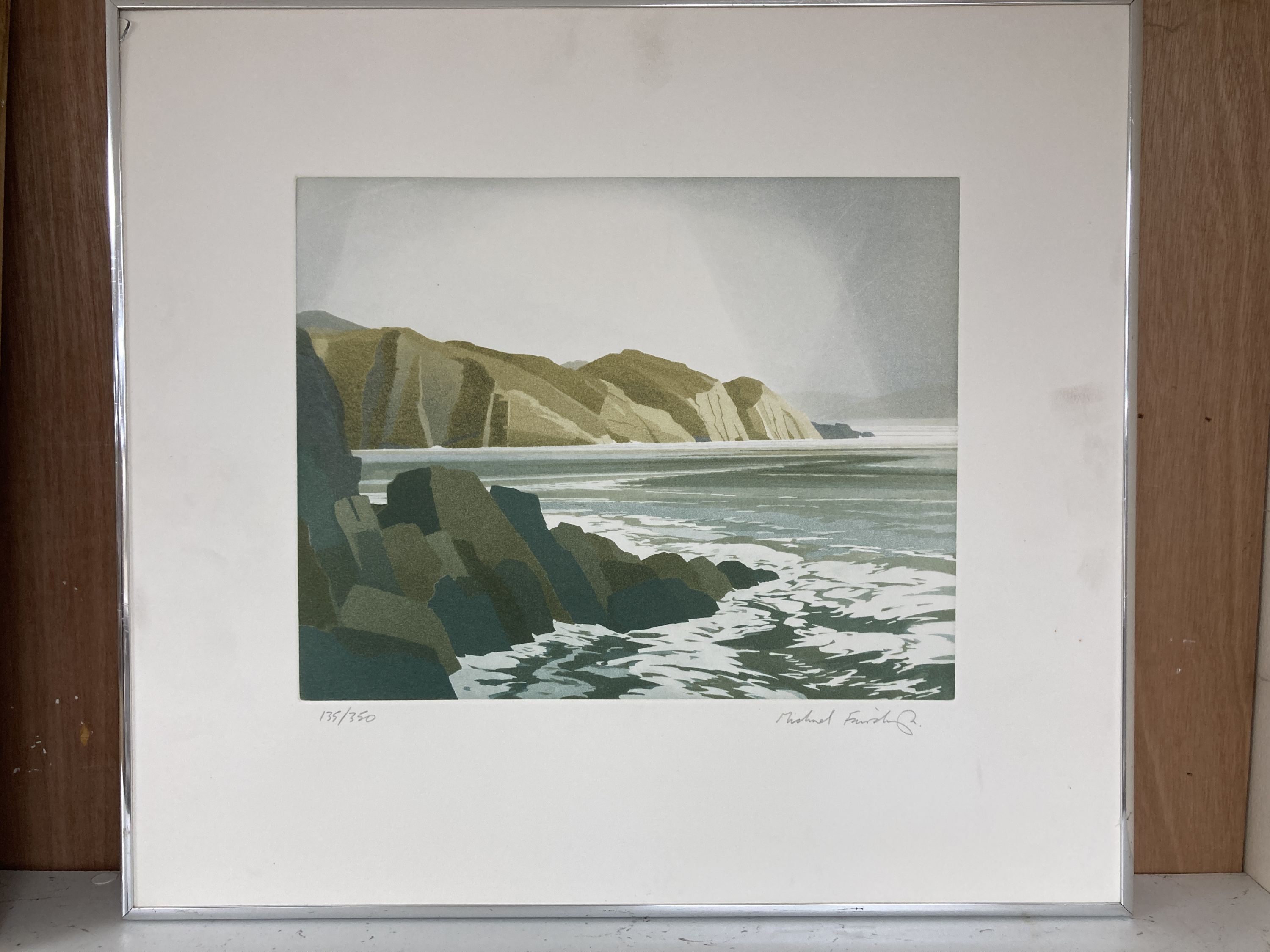 Michael Fairclough, limited edition print, Sea cliffs, signed in pencil, 135/350, 46 x 51cm